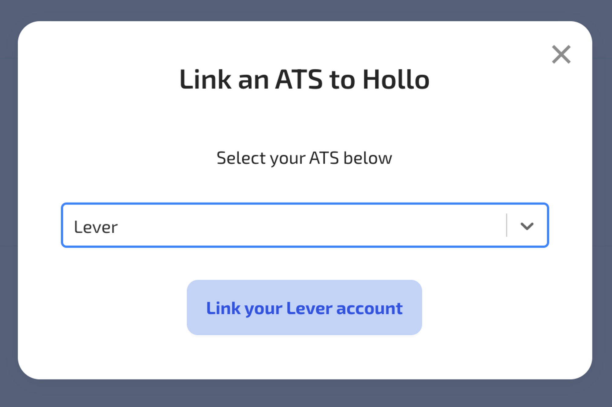 Hollo platform with link an ATS to hollo modal with Lever selected